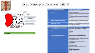 Sx superior protuberancial lateral
LEMNISCO MEDIAL
FRPP
Etiología: Infarto de la arteria cerebelosa superior
PCS
MANIFESTACIONES IPSILATERALES FORMA DE DETERMINARLO
• Ataxia de extremidades y de la
marcha.
Exploración de signos cardinales:
-Ataxia ¿de qué tipo?
*Pruebas de metria (dedo nariz/talón rodilla)
*Signo de rebote por dismetría (+)
*Prueba de diadococinesia (mano supinada-
pronada)
• Parálisis de la mirada conjugada Comprobar la mirada conjugada horizontal
en ambas direcciones.
• Síndrome de Horner Medición de diámetro pupilar (los demás son
signos físicos evidentes)
MANIFESTACIONES CONTRALATERALES FORMA DE DETERMINARLO
• Hipoestesia de hemicuerpo (a veces
de cara)
• Ataxia sensitiva (acentuada en
miembro inferior)
Exploración de sensibilidad superficial:
-Tactil
-Térmica
-Dolorosa
Evaluación de sensibilidad profunda o
propioceptiva:
-Sensibilidad vibratoria (diapasón de 128Hz)
-Sensibilidad posicional
Pruebas de discriminación sensitiva
-Esterognosia
-Grafestesia
-Localización táctil
-Discriminación táctil entre dos puntos
-Extinción
Prueba de Romberg (+)
Marcha tabética (+)
HAZ DESCENDENTE
SIMPÁTICO
HAZ. ESP-TALÁMICO
 