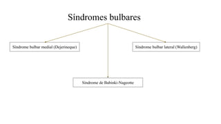 Síndromes bulbares
Síndrome bulbar medial (Dejerineque) Síndrome bulbar lateral (Wallenberg)
Síndrome de Babinki-Nageotte
 