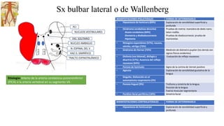 Sx bulbar lateral o de Wallenberg
N. ESPINAL DEL V
NUCLEO AMBIGUO
PCI
Etiología: Infarto de la arteria cerebelosa posteroinferior
(PICA) o la arteria vertebral en su segmento V4.
FAS. SOLITARIO
TRACTO ESPINOTALÁMICO
HAZ D. SIMPÁTICO
NUCLEOS VESTIBULARES
MANIFESTACIONES IPSILATERALES FORMA DE DETERMINARLO
• Hipoestesia de hemicara (89%) Exploración de sensibilidad superficial y
profunda
• (Síndrome cerebeloso derecho)
Ataxia cerebelosa (69%)
Dismetría y disdiadococinesia
Hipotonia
Pruebas de metria: maniobra de dedo-nariz;
talon-rodilla.
Pruebas de diadococinesia: prueba de
marionetas
• Nistagmo espontáneo (57%), nausea,
vómito, vértigo (73%)
• Síndrome de Horner (72%) Medición de diámetro pupilar (los demás son
signos físicos evidentes)
• Disfonia (voz bitonal), disfagia y
disartria (57%). Ausencia del reflejo
nauseoso (64%)
Evaluación de reflejo nauseoso.
• Paresia de hemivelo Signo de la cortina de Vernet positivo
• Ageusia Exploración de sensibilidad gustativa de la
lengua
• Singulto. Disfunción en el
automatismo respiratorio (2%)
• Paresia lingual (9%) Trofismo y simetría de la lengua.
Posición de la lengua
Fuerza muscular segmentaria
• Parálisis fácial periférica (18%) Simetría facial
MANIFESTACIONES CONTRALATERALES FORMA DE DETERMINARLO
• Hipoestesia de hemicuerpo Exploración de sensibilidad superficial y
profunda
 