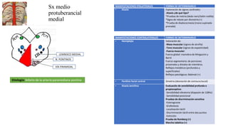 Sx medio
protuberancial
medial
LEMNISCO MEDIAL
Etiología: Infarto de la arteria paramediana pontina
VÍA PIRAMIDAL
N. PONTINOS
MANIFESTACIONES CONTRALATERALES FORMA DE DETERMINARLO
• Hemiplejia Valoración de:
-Masa muscular (signos de atrofia)
-Tono muscular (signos de espasticidad)
-Fuerza muscular:
Fuerza global: maniobra de Mingazzini y
Barré
Fuerza segmentaria: de porciones
proximales y distales de miembros.
Reflejos miotáticos (profundos y
superficiales)
Reflejos patológicos: Babinski (+)
• Parálisis facial central Simetria (desviación de comisura bucal)
• Ataxia sensitiva Evaluación de sensibilidad profunda o
propioceptiva:
-Sensibilidad vibratoria (diapasón de 128Hz)
-Sensibilidad posicional
Pruebas de discriminación sensitiva
-Esterognosia
-Grafestesia
-Localización táctil
-Discriminación táctil entre dos puntos
-Extinción
Prueba de Romberg (+)
Marcha tabética (+)
MANIFESTACIONES IPSILATERALES FORMA DE DETERMINARLO
• Ataxia Exploración de signos cardinales:
-Ataxia ¿de qué tipo?
*Pruebas de metria (dedo nariz/talón rodilla)
*Signo de rebote por dismetría (+)
*Prueba de diadococinesia (mano supinada-
pronada)
 