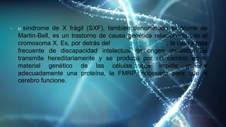 • El síndrome de X frágil (SXF), también denominado síndrome de
Martin-Bell, es un trastorno de causa genética relacionado con el
cromosoma X. Es, por detrás del síndrome de Down , la causa más
frecuente de discapacidad intelectual de origen genético. Se
transmite hereditariamente y se produce por un cambio en el
material genético de las células que impide generar
adecuadamente una proteína, la FMRP, necesaria para que el
cerebro funcione.
 