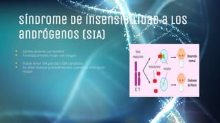 Síndrome de insensibilidad a los
andrógenos (SIA)
 Genéticamente un hombre
 Fenotípicamente mujer con rasgos
 Puede tener SIA parcial o SIA completo
 Se debe realizar procedimientos cuando el niño ya es
mayor
 
