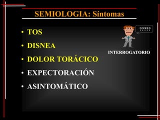 SEMIOLOGIA: Síntomas
                             ?????
• TOS
• DISNEA
                   INTERROGATORIO
• DOLOR TORÁCICO
• EXPECTORACIÓN
• ASINTOMÁTICO
 