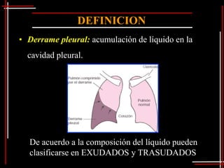 DEFINICION
• Derrame pleural: acumulación de líquido en la
  cavidad pleural.




  De acuerdo a la composición del líquido pueden
  clasificarse en EXUDADOS y TRASUDADOS
 