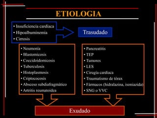 ETIOLOGIA
• Insuficiencia cardíaca
• Hipoalbuminemia                    Trasudado
• Cirrosis

    • Neumonía                       • Pancreatitis
    • Blastomicosis                  • TEP
    • Coccidoidomicosis              • Tumores
    • Tuberculosis                   • LES
    • Histoplasmosis                 • Cirugía cardíaca
    • Criptococosis                  • Traumatismo de tórax
    • Absceso subdiafragmático       • Fármacos (hidralazina, isoniazida)
    • Artritis reumatoidea           • SNG o VVC




                                 Exudado
 