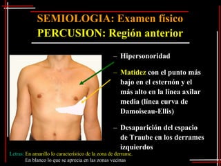 SEMIOLOGIA: Examen físico
             PERCUSION: Región anterior
                                                  – Hipersonoridad

                                                  – Matidez con el punto más
                                                    bajo en el esternón y el
                                                    más alto en la línea axilar
                                                    media (línea curva de
                                                    Damoiseau-Ellis)

                                                  – Desaparición del espacio
                                                    de Traube en los derrames
                                                    izquierdos
Letras: En amarillo lo característico de la zona de derrame.
        En blanco lo que se aprecia en las zonas vecinas
 