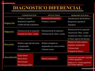 DIAGNOSTICO DIFERENCIAL
                    CONDENSACION                       ATELECTASIA                    DERRAME PLEURAL
               Polipnea y cianosis             Retracción del hemitórax           Abombamiento del hemitórax
               Respiración superficial         Polipnea y cianosis                Respiración superficial
Inspección
               Cambio del tipo respiratorio                                       Taquipnea

                                                                                  Disminución de la expansión
               Disminución de la expansión     Disminución de la expansión
Palpación                                                                         Ausencia de vibrac. vocales
               Aumento de vibrac. vocales      Disminución de vibrac. vocales
                                                                                  Aumento de vibrac. vocales en
                                                                                  el límite superior del derrame
                                                                                  Matidez de límite superior
               Matidez según tipo de lesión,   Matidez triangular no
Percusión                                                                         parabólico desplazable
               no desplazable                  desplazable con vértice al hilio
                                                                                  Columna mate
               Columna sonora                  Columna sonora
                                                                                  Triángulo de Grocco

               Soplo tubario
Auscultación                                                                      Ausencia de murmullo vesicular
               Broncofonía                     Silencio respiratorio              y ruidos agregados.
               Pectoriloquia                                                      Soplo en “é” y broncoegofonía
               Pectoriloquia áfona                                                en el límite superior
 