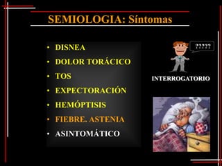 SEMIOLOGIA: Síntomas

• DISNEA                      ?????

• DOLOR TORÁCICO
• TOS               INTERROGATORIO

• EXPECTORACIÓN
• HEMÓPTISIS
• FIEBRE. ASTENIA
• ASINTOMÁTICO
 