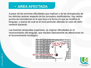 A pesar de las enormes dificultades que implican y de las divergencias de
los distintos autores respecto de los conceptos clasificatorios, hay ciertos
puntos de coincidencia en lo que toca a la forma en que se modifica el
lenguaje, y acerca de cual es el nivel particular alterado en caso de daño
cerebral izquierdo.
Las lesiones temporales superiores, se originan dificultades en el
reconocimiento del lenguaje, que resultan básicamente de alteraciones en
el reconocimiento fonológico.
• AREA AFECTADA
 