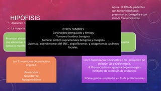 HIPÓFISIS
• Aparecen neoplasias hipofisiarias en el 15-50%
• La mayoría son tumores secretores de prolactina.
Provocan síntomas por presecrecion hormonal o por compresión de estructuras adyacentes.
Los adenomas mas grandes pueden provocar defectos del campo visual por compresión del quiasma
óptico o manifestaciones de hipopituitarismo por compresión de la glándula hipofisaria.
Los T. secretores de prolactina
originan.
Amenorrea
Galactorrea
hipogonadismo
Aprox. El 30% de pacientes
con tumor hipofisario
presentan acromegalia y con
menor frecuencia el sx.
cushing
Los T. hipofisiarios funcionates o no , requieren de
ablación Qx o radioterapia.
 Bromocriptina – agonista dopaminergico
inhibidor de secreción de prolactina
.
Cabergolida- empleado en Tx de prolactinomas.
OTROS TUMROES
Carcinoides bronquiales y timicos
Tumores tiroideos benignos
Tumores cortico suprarrenales benignos y malignos
Lipomas , ependimomas del SNC , angiofibromas y colagenomas cutáneos
faciales.
 