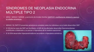 SÍNDROMES DE NEOPLASIA ENDOCRINA
MÚLTIPLE TIPO 2
• MEN2: MEN2A Y MEN2B y carcinoma de tiroides familiar (CMTF) multifactorial, bilateral y aparece
en edades tempranas.
• MEN2A Y B, CMTF presentan penetrancia completa todos los individuos con el alelo desarrollan CMT
• El 25% de los casos de CMT son familiares, el 42% de los afectados desarrollan feocromocitomas
multifocales o bilaterales y se asocian a hiperplasia de la medula suprarrenal .
• El 10-35% desarrollan hiperparatiroidismo secundario a hiperplasia asimétrica.
 