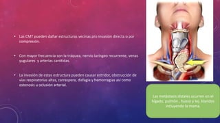 • Las CMT pueden dañar estructuras vecinas pro invasión directa o por
compresión.
• Con mayor frecuencia son la tráquea, nervio laríngeo recurrente, venas
yugulares y arterias carótidas.
• La invasión de estas estructura pueden causar estridor, obstrucción de
vías respiratorias altas, carraspera, disfagia y hemorragias así como
estenosis u oclusión arterial.
Las metástasis distales ocurren en el
hígado, pulmón , hueso y tej. blandos
incluyendo la mama.
 