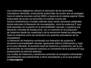 Las sustancias algógenas inducen la activación de los terminales
nociceptivos aferentes, produciendo potenciales de acción que se propagan
hacia el sistema nervioso central (SNC) a través de la médula espinal. Estos
potenciales de acción se transmiten en sentido inverso (de
manera antidrómica) e invaden además otras ramas nerviosas colaterales
donde estimulan la liberación de neuropéptidos, como la sustancia P, que
está asociada con aumento en la permeabilidad vascular y ocasiona una
liberación marcada de bradiquinina, con un aumento en la producción
de histamina desde los mastocitos y de la serotonina desde las plaquetas.
Tanto la histamina como de serotonina son potentes activadores de los
nociceptores.
La liberación de histamina combinada con liberación de sustancia P
aumenta la permeabilidad vascular, generando edema (inflamación) y rojez
en la zona afectada. El aumento local de histamina y serotonina, por la vía
de activación de nociceptores ocasiona un incremento de la sustancia P que
autoperpetúa el estímulo doloroso.
Los niveles de histamina y serotonina aumentan en el espacio extracelular,
sensibilizando secundariamente a otros nociceptores y es lo que produce
la hiperalgesia.
 