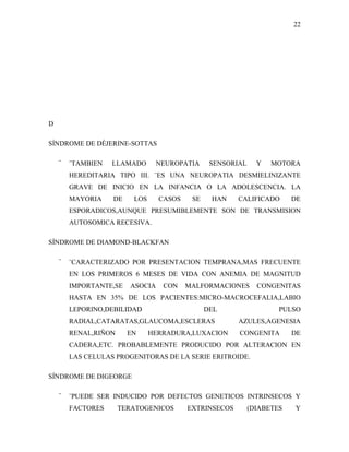 22




D

SÍNDROME DE DÉJERINE-SOTTAS

    ¨   ¨TAMBIEN   LLAMADO       NEUROPATIA     SENSORIAL     Y   MOTORA
        HEREDITARIA TIPO III. ¨ES UNA NEUROPATIA DESMIELINIZANTE
        GRAVE DE INICIO EN LA INFANCIA O LA ADOLESCENCIA. LA
        MAYORIA    DE    LOS     CASOS    SE    HAN    CALIFICADO       DE
        ESPORADICOS,AUNQUE PRESUMIBLEMENTE SON DE TRANSMISION
        AUTOSOMICA RECESIVA.

SÍNDROME DE DIAMOND-BLACKFAN

    ¨   ¨CARACTERIZADO POR PRESENTACION TEMPRANA,MAS FRECUENTE
        EN LOS PRIMEROS 6 MESES DE VIDA CON ANEMIA DE MAGNITUD
        IMPORTANTE,SE   ASOCIA    CON    MALFORMACIONES       CONGENITAS
        HASTA EN 35% DE LOS PACIENTES:MICRO-MACROCEFALIA,LABIO
        LEPORINO,DEBILIDAD                     DEL                  PULSO
        RADIAL,CATARATAS,GLAUCOMA,ESCLERAS             AZULES,AGENESIA
        RENAL,RIÑON     EN     HERRADURA,LUXACION      CONGENITA        DE
        CADERA,ETC. PROBABLEMENTE PRODUCIDO POR ALTERACION EN
        LAS CELULAS PROGENITORAS DE LA SERIE ERITROIDE.

SÍNDROME DE DIGEORGE

    ¨   ¨PUEDE SER INDUCIDO POR DEFECTOS GENETICOS INTRINSECOS Y
        FACTORES      TERATOGENICOS      EXTRINSECOS        (DIABETES   Y
 