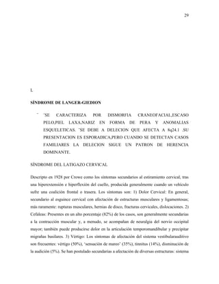 29




L

SÍNDROME DE LANGER-GIEDION

    ¨   ¨SE    CARACTERIZA          POR      DISMORFIA         CRANEOFACIAL,ESCASO
        PELO,PIEL     LAXA,NARIZ        EN    FORMA       DE    PERA     Y   ANOMALIAS
        ESQUELETICAS. ¨SE DEBE A DELECION QUE AFECTA A 8q24.1 .SU
        PRESENTACION ES ESPORADICA,PERO CUANDO SE DETECTAN CASOS
        FAMILIARES LA DELECION SIGUE UN PATRON DE HERENCIA
        DOMINANTE.

SÍNDROME DEL LATIGAZO CERVICAL

Descripto en 1928 por Crowe como los síntomas secundarios al estiramiento cervical, tras
una hiperextensión e hiperflexión del cuello, producida generalmente cuando un vehículo
sufre una coalición frontal o trasera. Los síntomas son: 1) Dolor Cervical: En general,
secundario al esguince cervical con afectación de estructuras musculares y ligamentosas;
más raramente: rupturas musculares, hernias de disco, fracturas cervicales, dislocaciones. 2)
Cefaleas: Presentes en un alto porcentaje (82%) de los casos, son generalmente secundarias
a la contracción muscular y, a menudo, se acompañan de neuralgia del nervio occipital
mayor; también puede producirse dolor en la articulación temporomandibular y precipitar
migrañas basilares. 3) Vértigo: Los síntomas de afectación del sistema vestibularauditivo
son frecuentes: vértigo (50%), ‘sensación de mareo’ (35%), tinnitus (14%), disminución de
la audición (5%). Se han postulado secundarias a afectación de diversas estructuras: sistema
 