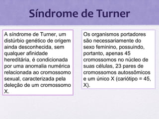 Síndrome de Turner
A síndrome de Turner, um
distúrbio genético de origem
ainda desconhecida, sem
qualquer afinidade
hereditária, é condicionada
por uma anomalia numérica
relacionada ao cromossomo
sexual, caracterizada pela
deleção de um cromossomo
X.
Os organismos portadores
são necessariamente do
sexo feminino, possuindo,
portanto, apenas 45
cromossomos no núcleo de
suas células, 23 pares de
cromossomos autossômicos
e um único X (cariótipo = 45,
X).
 