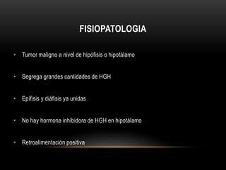 FISIOPATOLOGIA 
• Tumor maligno a nivel de hipófisis o hipotálamo 
• Segrega grandes cantidades de HGH 
• Epífisis y diáfisis ya unidas 
• No hay hormona inhibidora de HGH en hipotálamo 
• Retroalimentación positiva 
 