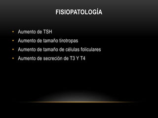 FISIOPATOLOGÍA 
• Aumento de TSH 
• Aumento de tamaño tirotropas 
• Aumento de tamaño de células foliculares 
• Aumento de secreción de T3 Y T4 
 