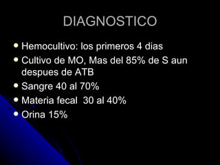 DIAGNOSTICO
 Hemocultivo: los primeros 4 dias
 Cultivo de MO, Mas del 85% de S aun
  despues de ATB
 Sangre 40 al 70%
 Materia fecal 30 al 40%
 Orina 15%
 