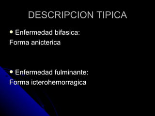 DESCRIPCION TIPICA
Enfermedad bifasica:
Forma anicterica



Enfermedad fulminante:
Forma icterohemorragica
 