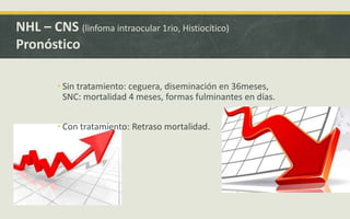  Sin tratamiento: ceguera, diseminación en 36meses,
SNC: mortalidad 4 meses, formas fulminantes en días.
 Con tratamiento: Retraso mortalidad.
NHL – CNS (linfoma intraocular 1rio, Histiocítico)
Pronóstico
 