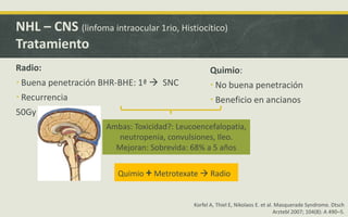 NHL – CNS (linfoma intraocular 1rio, Histiocítico)
Tratamiento
Korfel A, Thiel E, Nikolaos E. et al. Masquerade Syndrome. Dtsch
Arztebl 2007; 104(8): A 490–5.
Radio:
 Buena penetración BHR-BHE: 1ª  SNC
 Recurrencia
50Gy
Quimio:
 No buena penetración
 Beneficio en ancianos
Ambas: Toxicidad?: Leucoencefalopatia,
neutropenia, convulsiones, Ileo.
Mejoran: Sobrevida: 68% a 5 años
Quimio + Metrotexate  Radio
 