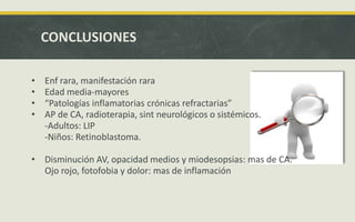 CONCLUSIONES
• Enf rara, manifestación rara
• Edad media-mayores
• “Patologías inflamatorias crónicas refractarias”
• AP de CA, radioterapia, sint neurológicos o sistémicos.
-Adultos: LIP
-Niños: Retinoblastoma.
• Disminución AV, opacidad medios y miodesopsias: mas de CA.
Ojo rojo, fotofobia y dolor: mas de inflamación
 