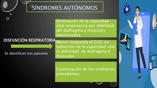 SÍNDROMES AUTÓNOMOS
DISFUNCIÓN RESPIRATORIA
Se identifican tres patrones
Diminución de la capacidad
vital respiratoria por debilidad
del diafragma y músculos
intercostales
Menor respuesta al CO2 sin
reducción de la capacidad vital
ni debilidad de diafragma o
músculos
Combinación de los síndromes
precedentes
 