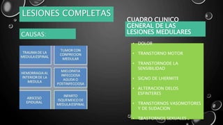 LESIONES COMPLETAS
CAUSAS:
CUADRO CLINICO
GENERAL DE LAS
LESIONES MEDULARES
• DOLOR
• TRANSTORNO MOTOR
• TRANSTORNODE LA
SENSIBILIDAD
• SIGNO DE LHERMITE
• ALTERACION DELOS
ESFINTERES
• TRANSTORNOS VASOMOTORES
Y DE SUDACION
• TRASTORNOS SEXUALES
 