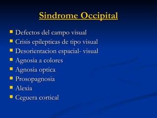 Sindrome Occipital <ul><li>Defectos del campo visual </li></ul><ul><li>Crisis epilepticas de tipo visual  </li></ul><ul><l...
