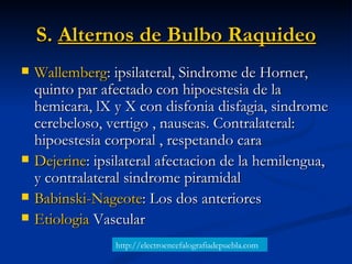 S.  Alternos de Bulbo Raquideo <ul><li>Wallemberg : ipsilateral, Sindrome de Horner, quinto par afectado con hipoestesia d...