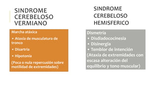 SINDROME
CEREBELOSO
VERMIANO
Marcha atáxica
• Ataxia de musculatura de
tronco
• Disartria
• Hipotonía
(Poca o nula repercusión sobre
motilidad de extremidades)
SINDROME
CEREBELOSO
HEMISFERICO
Dismetría
• Disdiadococinesia
• Disinergia
• Temblor de intención
(Ataxia de extremidades con
escasa alteración del
equilibrio y tono muscular)
 