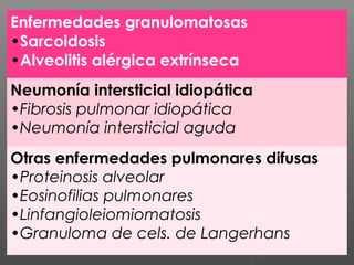 Enfermedades granulomatosas
•Sarcoidosis
•Alveolitis alérgica extrínseca
Neumonía intersticial idiopática
•Fibrosis pulmonar idiopática
•Neumonía intersticial aguda
Otras enfermedades pulmonares difusas
•Proteinosis alveolar
•Eosinofilias pulmonares
•Linfangioleiomiomatosis
•Granuloma de cels. de Langerhans
 