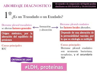 ABORDAJE DIAGNOSTICO

  1º¿Es un Trasudado o un Exudado?
Derrame pleural trasudativo                   Derrame pleural exudativo
                                formación     los factores locales alterados.
se alteran factores generales
                                y absorción




Causas principales:                           Causas principales
ICC                                           Derrame pleural exudativo
                                              son neumonía bacteriana,
                                              neoplasias, y el secundario
                                              TEP
 