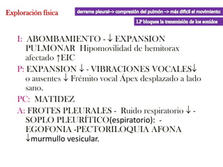 Exploración física


   I: ABOMBAMIENTO - EXPANSION
      PULMONAR Hipomovilidad de hemitorax
      afectado ↑EIC
   P: EXPANSION - VIBRACIONES VOCALES
      o ausentes Frémito vocal Ápex desplazado a lado
      sano.
   PC: MATIDEZ
   A: FROTES PLEURALES - Ruido respiratorio -
      SOPLO PLEURÍTICO(espiratorio): -
      EGOFONIA -PECTORILOQUIA AFONA
        murmullo vesicular.
 