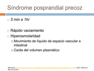 Síndrome posprandial precoz
 5 min a 1hr
 Rápido vaciamiento
 Hiperosmolaridad
 Movimiento de líquido de espacio vascular a
intestinal
 Caída del volumen plasmático
Mizrahi M, Dumping syndrome as a complication of laparoscopic Nissen fundoplication in an adult. JSLS. 2006 Jan-
Mar;10(1):94-6.
 
