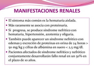 MANIFESTACIONES RENALESEl síntoma más común es la hematuria aislada.Más raramente se asocia con proteinuria.Si  progresa, se produce síndrome nefrítico con hematuria, hipertensión, azotemia y oliguria.También puede aparecer un síndrome nefrótico con edemas y excreción de proteínas en orina de 24 horas > 50 mg/kg y cifras de albúmina en suero < 2,5 mg/dl.Pacientesafectados de síndromenefrítico y nefróticoconjuntamentedesarrollaránfallorenal en un 50% en el plazo de 10 años.