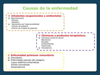  Inhalantes ocupacionales y ambientales
 Neumoconiosis
Silicosis
Asbestos
 Neumonitis por hipersensibilidad
Pulmón de granjero
Pulmón de criados de palomas
 Fármacos y productos terapéuticos
 Fármacos contra el cáncer
Bleomicina
Busulfan
Ciclofosfamida
Tetotrexate
 Amiodarona
Causas de la enfermedad
 Enfermedad pulmonar inmunitaria
 Sarcoidosis
 Enfermedad vascular del colageno
Lupus sistémico eritematoso
Artritis reumatoide
Esclerodermia
 