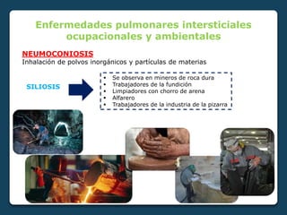 Enfermedades pulmonares intersticiales
ocupacionales y ambientales
NEUMOCONIOSIS
Inhalación de polvos inorgánicos y partículas de materias
SILIOSIS
 Se observa en mineros de roca dura
 Trabajadores de la fundición
 Limpiadores con chorro de arena
 Alfarero
 Trabajadores de la industria de la pizarra
 