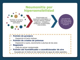 También se le llama
alveolitis alérgica
extrínseca
Ocasionadas por
exposición prolongada y a
menudo intensa a polvos
orgánicos inhalados y
antígenos ocupacionales
relacionados.
Las personas
afectadas tiene
una sensibilidad
intensificada al
antígeno.
Neumonitis por
hipersensibilidad
 Pulmón de granjero
Exposición al heno mohoso
 Pulmón de criados de palomas
Exposición a suero, excremento o plumas de las aves
 Bagazosis
Caña de azúcar contaminada
 Pulmón del humidificador o acondicionador de aire
Causado por el moho en los reservorios de agua de estos aparatos.
 