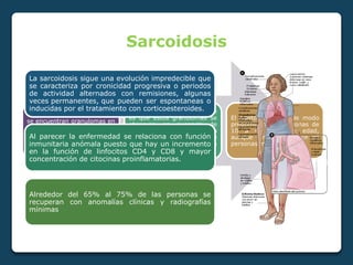 Sarcoidosis
Trastorno sistémico en el que
se encuentran granulomas en
los tejidos y sistemas
orgánicos afectados, en
particular el pulmón y el
sistema linfático.
Una característica importante
es que estos granulomas se
observan en ausencia de
factores exógenos(infeccion o
ambiental) que se sabe
causan inflamación
granulomatosa.
El trastorno afecta de modo
predominante a personas de
10 a 40 años de edad,
aunque también aparece en
personas mayores.
La sarcoidosis sigue una evolución impredecible que
se caracteriza por cronicidad progresiva o periodos
de actividad alternados con remisiones, algunas
veces permanentes, que pueden ser espontaneas o
inducidas por el tratamiento con corticoesteroides.
Al parecer la enfermedad se relaciona con función
inmunitaria anómala puesto que hay un incremento
en la función de linfocitos CD4 y CD8 y mayor
concentración de citocinas proinflamatorias.
Alrededor del 65% al 75% de las personas se
recuperan con anomalías clínicas y radiografías
mínimas
 