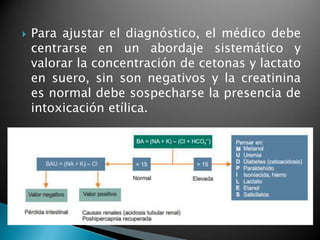  Para ajustar el diagnóstico, el médico debe
centrarse en un abordaje sistemático y
valorar la concentración de cetonas y lactato
en suero, sin son negativos y la creatinina
es normal debe sospecharse la presencia de
intoxicación etílica.
 
