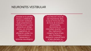 NEURONITIS VESTIBULAR
Consiste en la pérdida
brusca y unilateral de
la función vestibular.
Suele presentarse en
individuo joven y sano,
presenta un vértigo
intenso, con síntomas
vegetativos, sin
afectación coclear (no
tiene acúfenos ni
hipoacusia) ni
síntomas neurológicos.
generalmente precede de
una infección vírica de
vías respiratorias altas.
Cursa en forma de crisis
de horas de evolución,
autolimitadas,
decrecientes en
intensidad, durante 1 a 7
días. Exploración:
nistagmo hacia el lado
sano, Romberg y
desviación corporal hacia
el lado afectado. La
audiometría es normal.
 