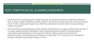 POST STREPTOCOCCAL GLOMERULONEPHRITIS
 Glomerulonefritis poststreptokokus adalah prototipe untuk glomerulonefritis proliferatif endokapiler
akut. di negara-negara terbelakang adalah epidemic dan biasanya menyerang anak-anak berusia antara
2 dan 14 tahun, tetapi pada negara maju lebih khas pada lansia, terutama dalam hubungan dengan
kondisi yang lemah
 Glomerulonefritis poststreptokokus akibat impetigo berkembang 2–6 minggu setelah infeksi kulit dan 1-
3 minggu setelah faringitis streptokokus. Biopsi ginjal pada glomerulonefritis poststreptokokus
menunjukkan hiperselularitas sel mesangial dan endotel, infiltrasi glomerular oleh leukosit
polimorfonuklear, subendotel granular terdapat imun IgG, IgM, C3, C4, dan C5–9, dan membentuk
endapan subepitel (yang tampak sebagai "punuk").
 