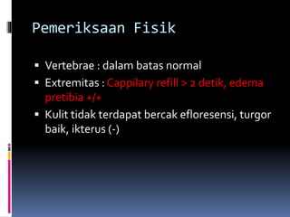 Pemeriksaan Fisik
 Vertebrae : dalam batas normal
 Extremitas : Cappilary refill > 2 detik, edema
pretibia +/+
 Kulit tidak terdapat bercak efloresensi, turgor
baik, ikterus (-)
 