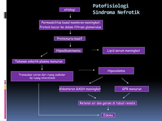 Permeabilitas basal membran meningkat;
Protein bocor ke dalam filtrasi glomerulus
Proteinuria masif
Hipoalbuminemia Lipid serum meningkat
Tekanan onkotik plasma menurun
Transudasi cairan dari ruang vaskuler
ke ruang interstisiel
Retensi air dan garam di tubuli renalis
Edema
etiologi
GFR menurunAldosteron &ADH meningkat
Hipovolemia
Patofisiologi
Sindroma Nefrotik
 