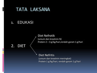 TATA LAKSANA
1. EDUKASI
2. DIET
Diet Nefritis
(ureum dan kreatinin meningkat)
Protein 1 g/kg/hari, rendah garam 1 g/hari
Diet Nefrotik
(ureum dan kreatinin N)
Protein 2 – 3 g/kg/hari,rendah garam 1 g/hari
 