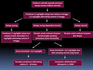 Sindrom nefrotik episode pertama
(tanpa kontra indikasi steroid)
Prednison 2 mg/kgbb setiap hari selama 4 minggu
1,5 mg/kgbb alternating selama 4 minggu
Relaps sering depended steroidRelaps jarang Relaps steroid
Dirujuk untuk evaluasi lanjutan
dan biopsi
Dirujuk untuk evaluasi lanjutan
steroid jangka panjang
(tentukan) dosis threshold)
Prednison 2 mg/kgbb setiap hari
sampai remisi, kemudian 1,5
mg/kgbb altenating selama 4
minggu
Levamisol, siklofosfamid,
siklosporin A, MMF
Dosis threshold < 0,5 mg/kgbb
Teruskan prednison alternating
selama 9 – 18 bulan
Dosis threshold < 0,5 mg/kgbb atau
efek samping steroid yang berat
 