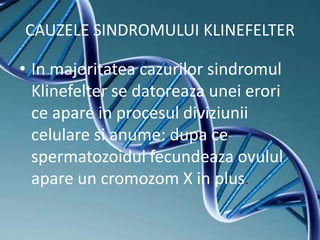 CAUZELE SINDROMULUI KLINEFELTER
• In majoritatea cazurilor sindromul
Klinefelter se datoreaza unei erori
ce apare in procesul diviziunii
celulare si anume: dupa ce
spermatozoidul fecundeaza ovulul
apare un cromozom X in plus.
 