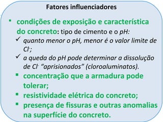 Fatores influenciadores
 condições de exposição e característica
do concreto: tipo de cimento e o pH:
 quanto menor o pH, menor é o valor limite de
Cl-
;
 a queda do pH pode determinar a dissolução
de Cl-
“aprisionados” (cloroaluminatos).
 concentração que a armadura pode
tolerar;
 resistividade elétrica do concreto;
 presença de fissuras e outras anomalias
na superfície do concreto.
 